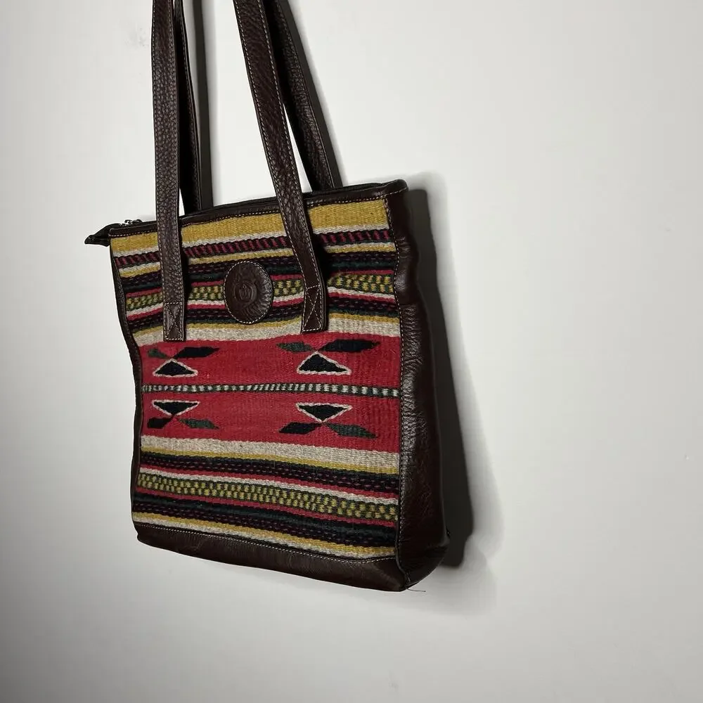 Born Wool Leather Tote Bag Southwestern Boho Aztec Pattern Shoulder‎ Purse